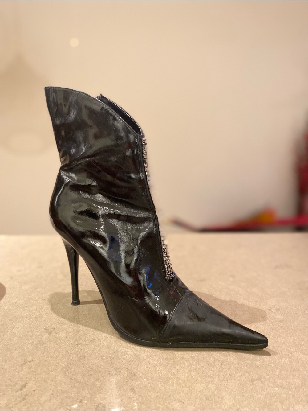 Leather Black Patent Pointed Toe Stiletto Ankle Boot with Rhinestone Trim